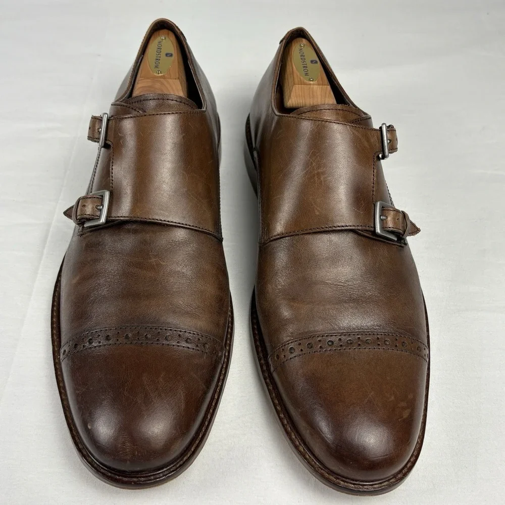 Joseph Abboud Glenn Double Monk Strap 11.5M Brown Leather Brogue Cap Toe Oxfords